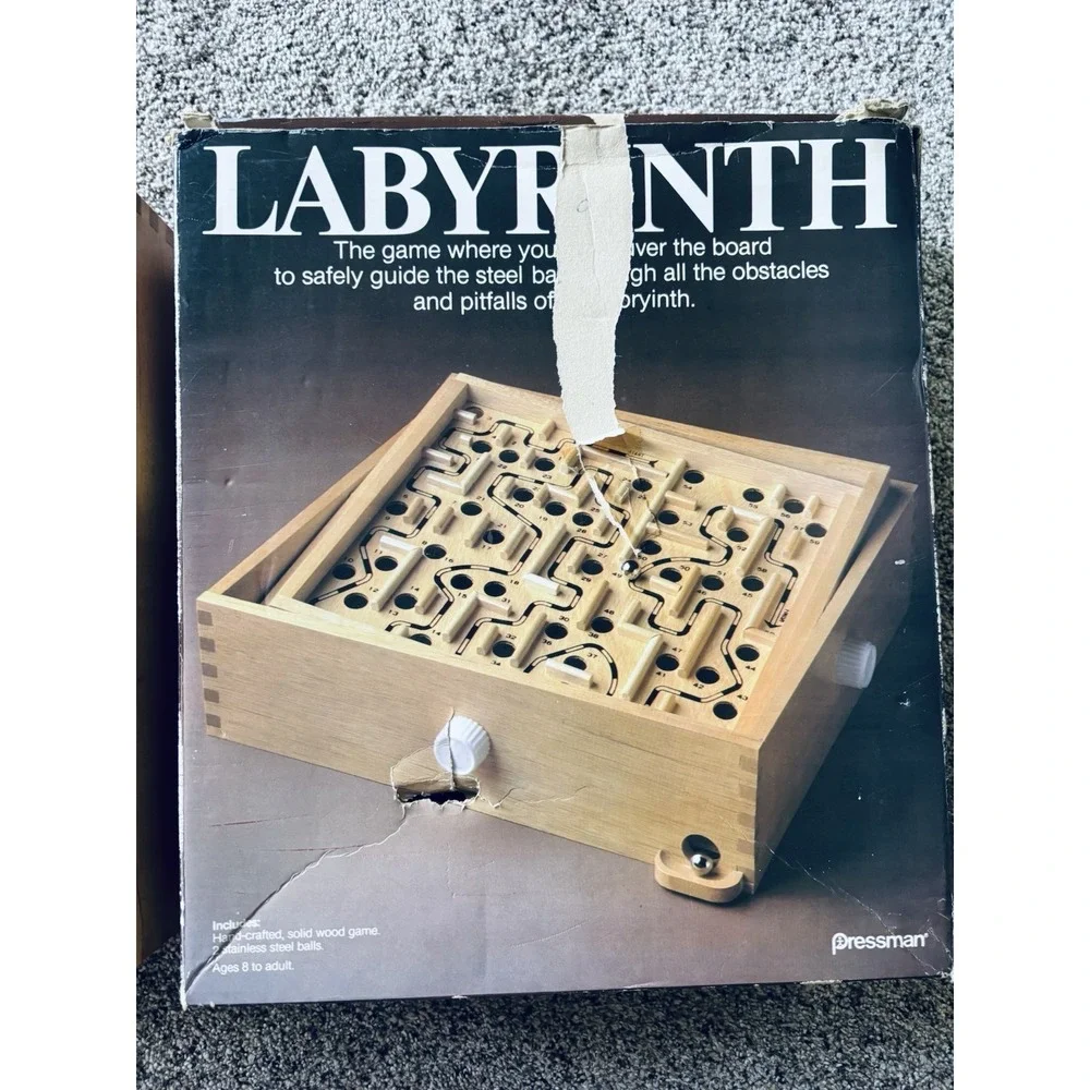 Vintage 1985 Pressman‎ Tournament Labyrinth Wooden Game Box With 2 balls